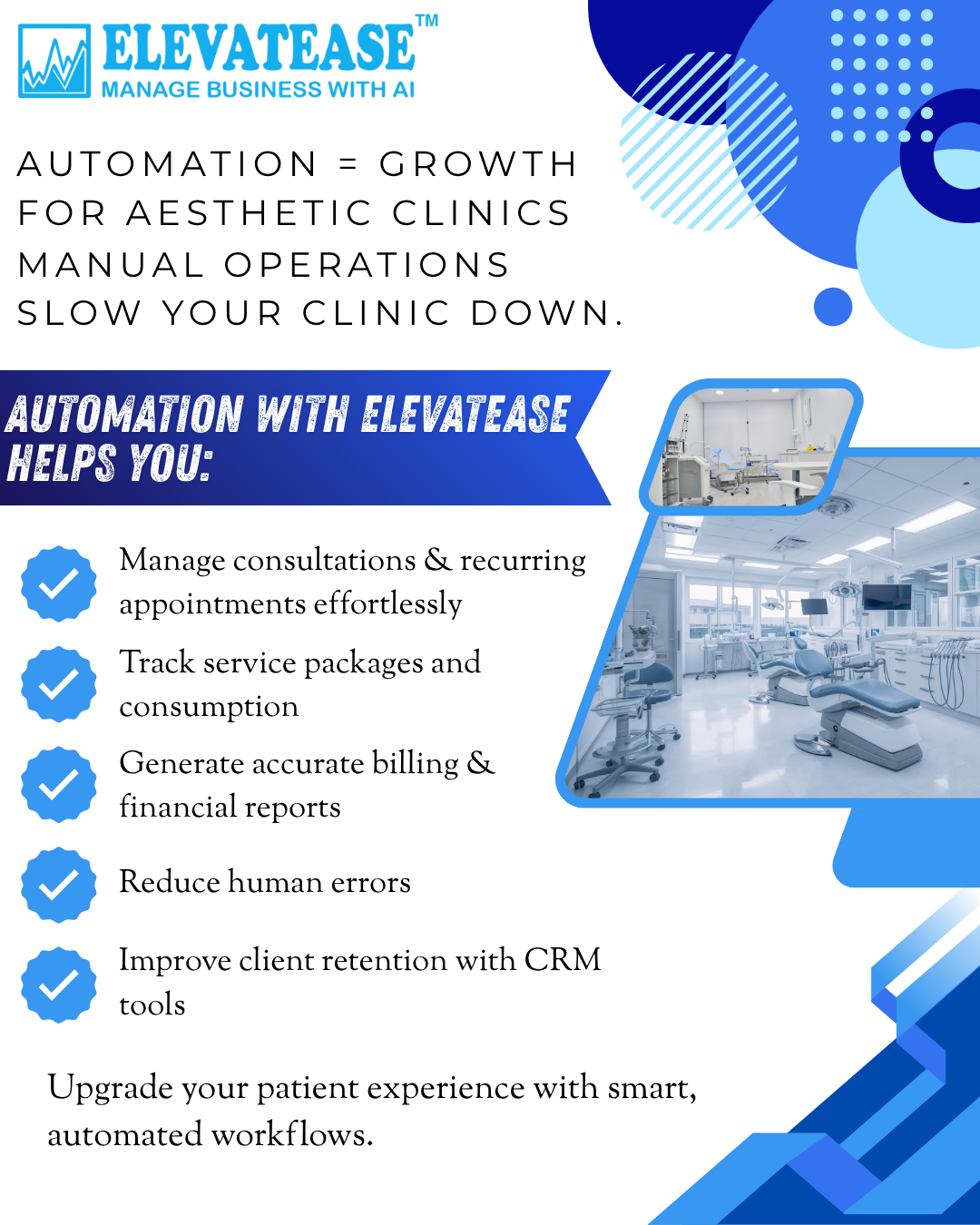 A digital dashboard showing automated appointment reminders, billing reports, and staff schedules for an aesthetic clinic.